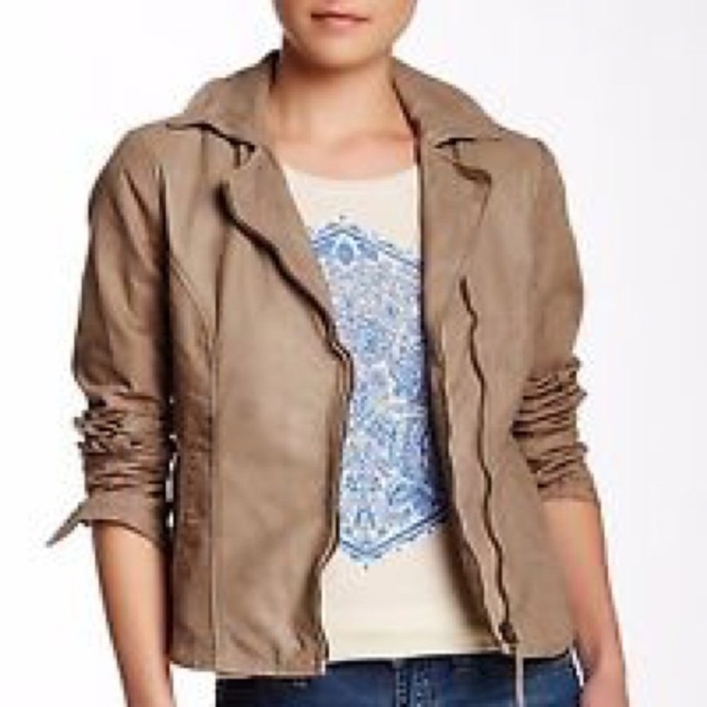Lucky Brand taupe mixed Leather MOTO jacket coat M
